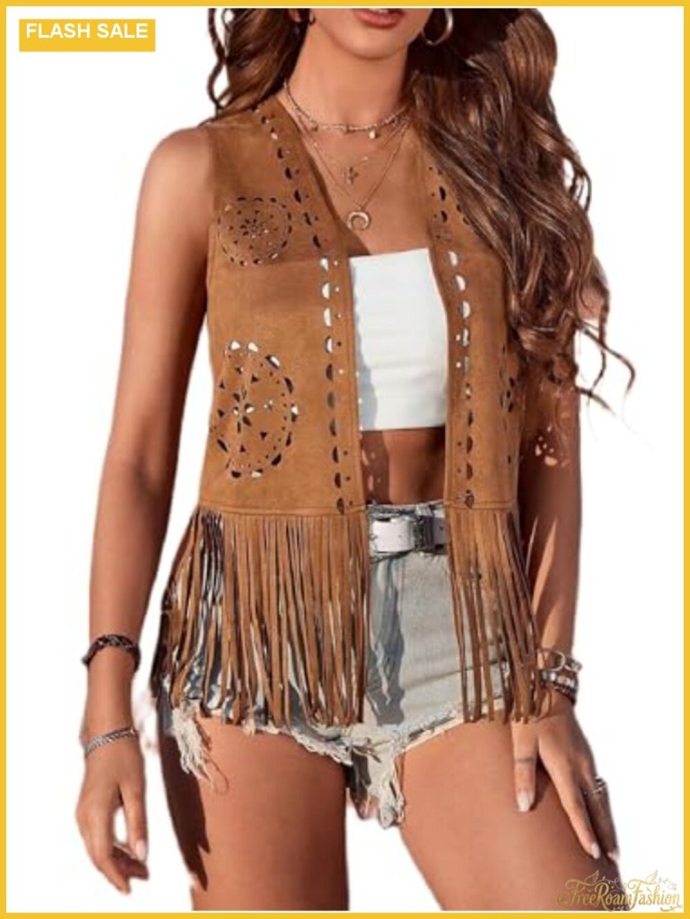 Womens Fringe Vest 70s Hippie Costume Sleeveless Hollow Out Faux Suede Tassel